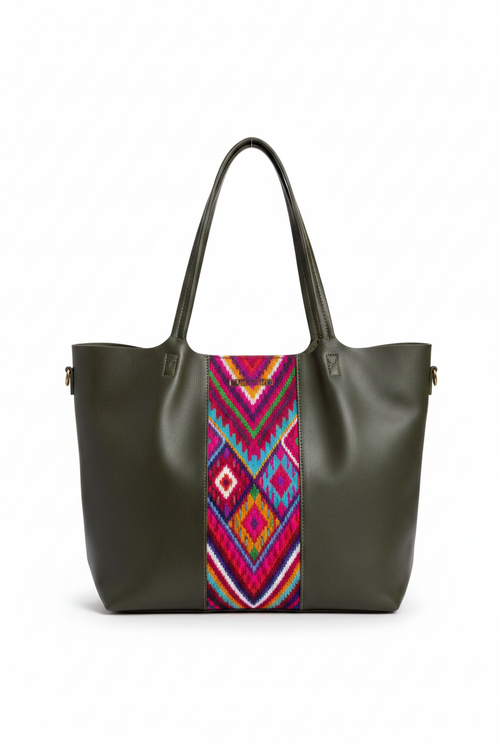 Bolso Tote Verde con Huipil - Fondo Blanco