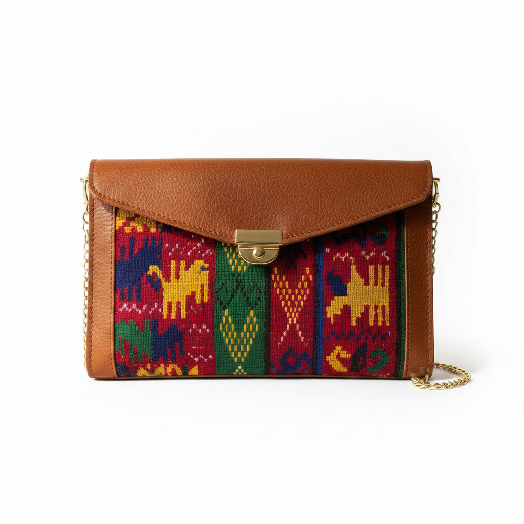 Clutch de Cuero con Huipil Auténtico - Fondo Blanco