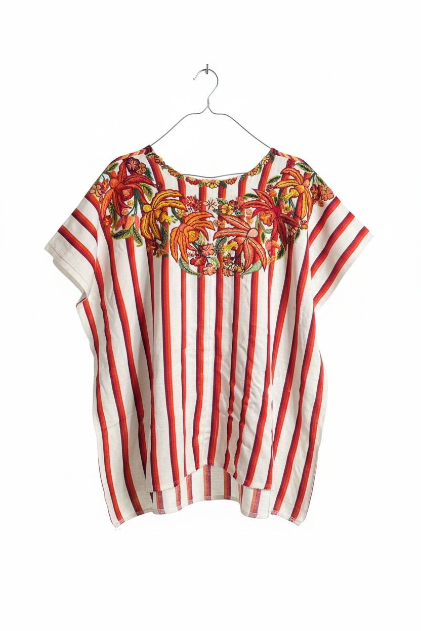 Huipil Blanco con Rayas Rojas y Bordados - Fondo Blanco