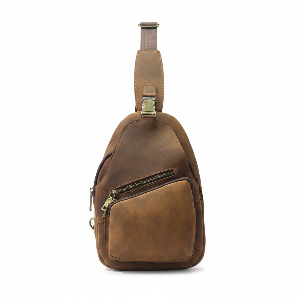 Morral sling bag de cuero café - vista frontal